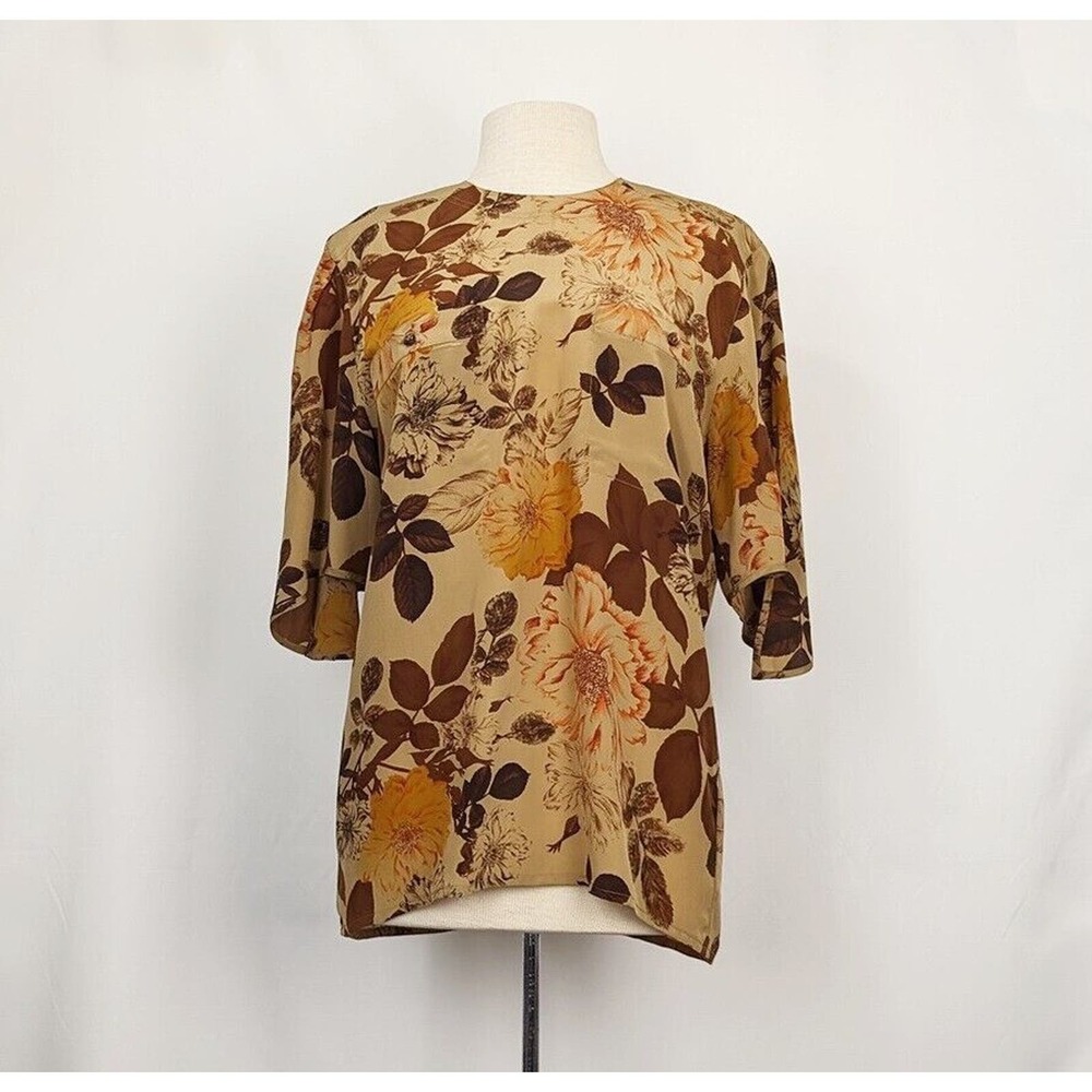Vintage Escada Margaretha Ley Brown Floral Silk Blouse Top Shirt Women's Size 38